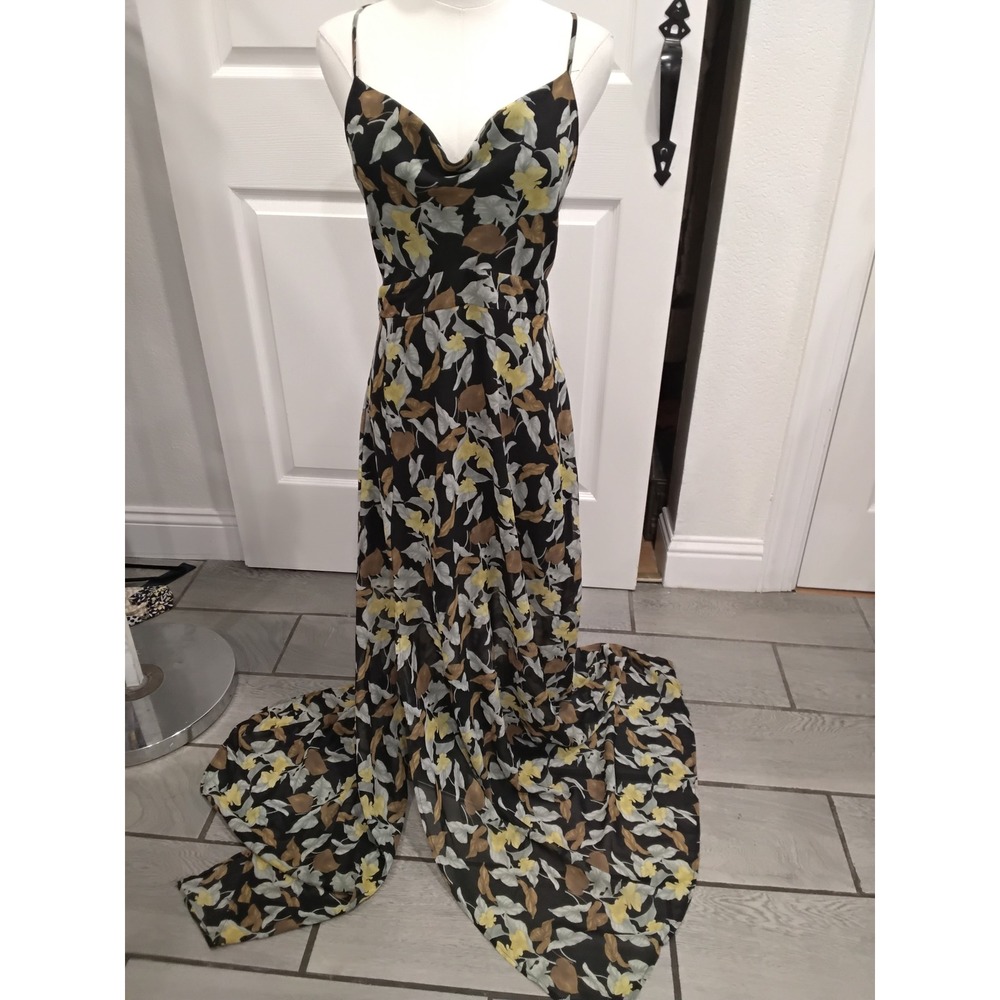 4SI3NNA Floral Cowl Neck Maxi Dress Black Yellow Open Back DMS436L-FUT Size M